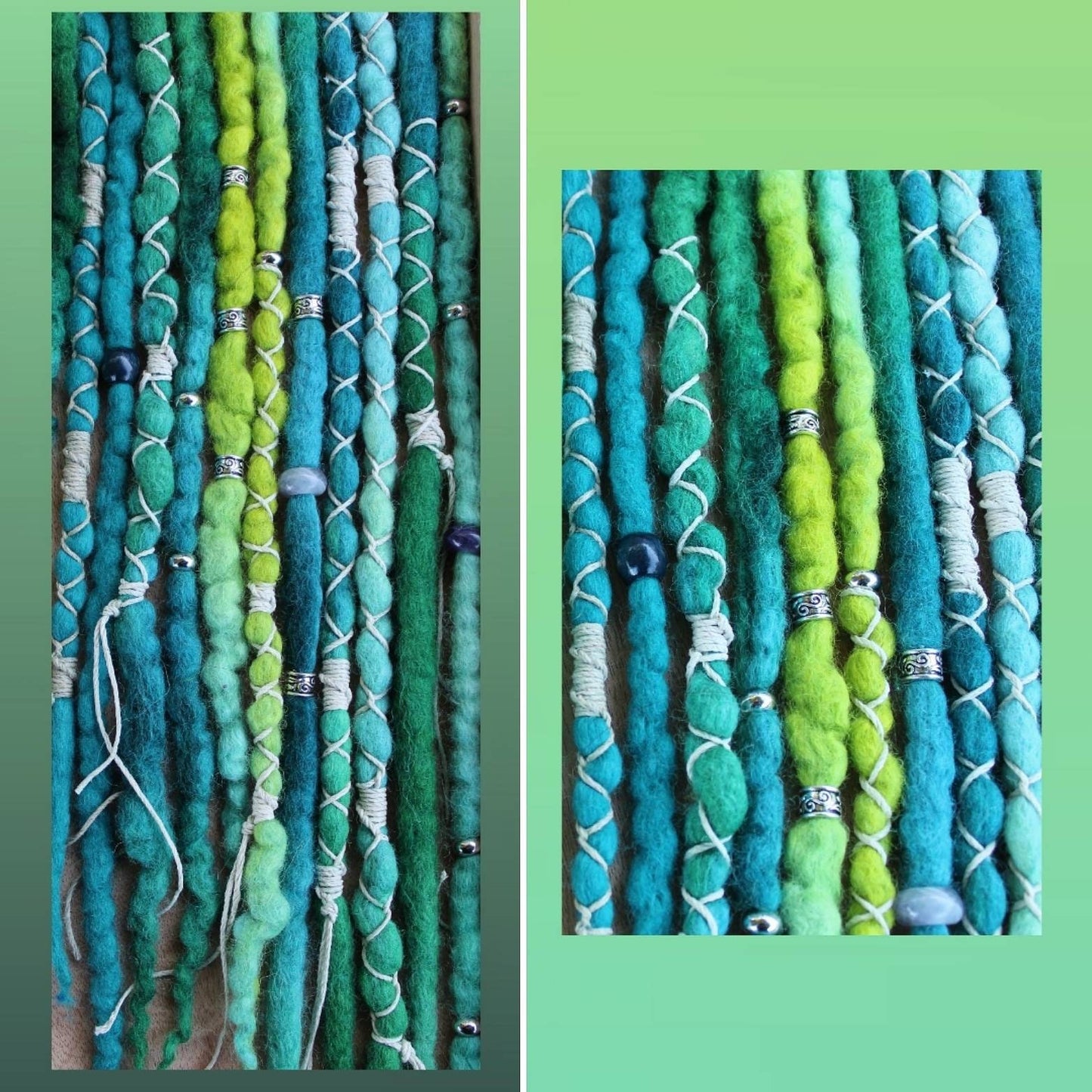 Single-Ended Wool Dreadlock Extensions. Made To Order. Custom Details. Mixed Cool Colors. Blue. Green. Purple. Wrapped. Price is per dread