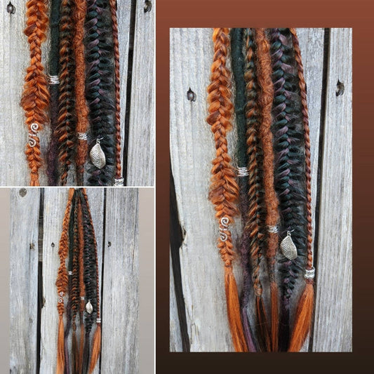 Autumn Earthy Vibes Dreads and Braids Hair Extensions accent set. Brown, copper- orange, auburn, plum, forest green, sage