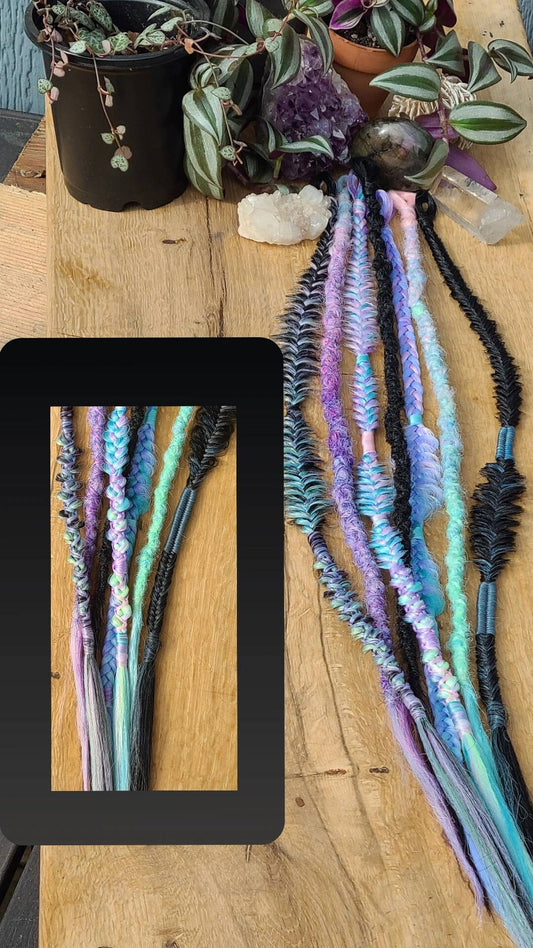 Black and Pastel Pink Blue Purple Green Unicorn Vibes Dreads and Braids accent set.